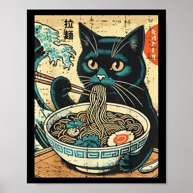 Japanese Cat Ramen Great Wave Vintage Art Food Men Poster (Front)