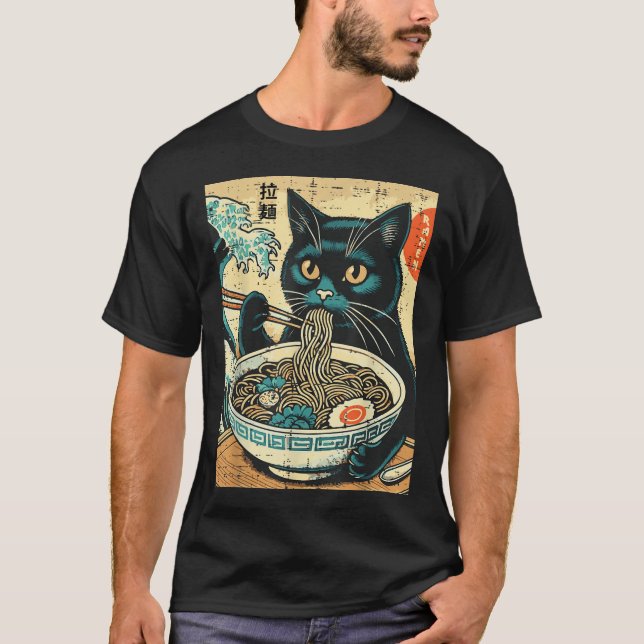 Japanese Cat Ramen Great Wave Vintage Art Food Men T-Shirt (Front)