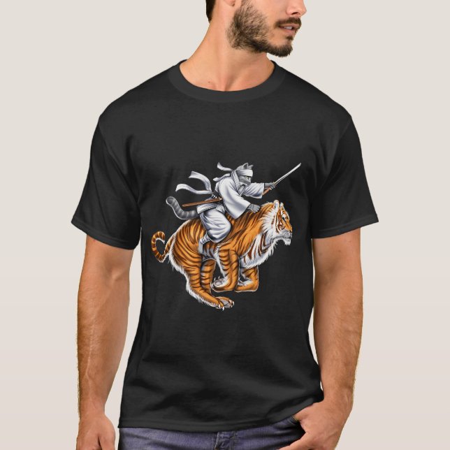 Japanese Cat Samurai Ninja Riding Tiger T-Shirt (Front)
