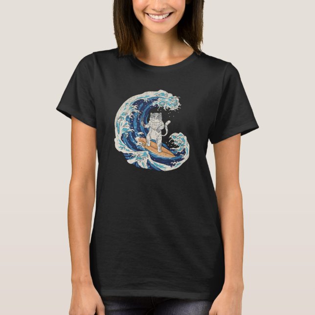 Japanese Cat Surfing a Wave Beach Ocean Sea Cool R T-Shirt (Front)