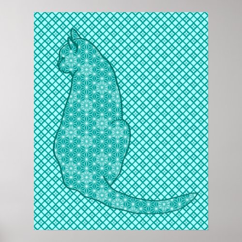 Japanese Cat _ Turquoise and Aqua Poster