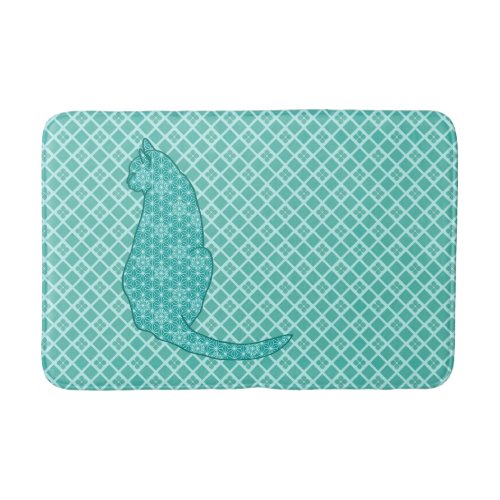 Japanese Cat _ Turquoise Kimono Print Bathroom Mat