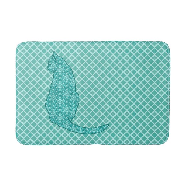 Japanese Cat - Turquoise Kimono Print Bathroom Mat (Front)