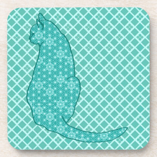 Japanese Cat - Turquoise Kimono Print Beverage Coaster
