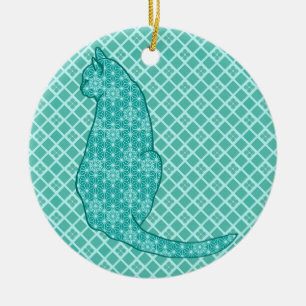 Japanese Cat - Turquoise Kimono Print Ceramic Ornament