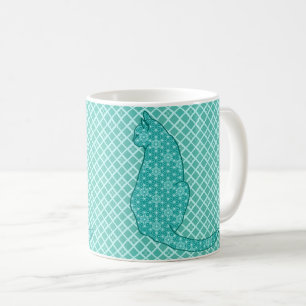Japanese Cat - Turquoise Kimono Print Coffee Mug
