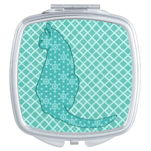 Japanese Cat - Turquoise Kimono Print Compact Mirror