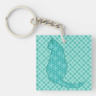 Japanese Cat - Turquoise Kimono Print Keychain
