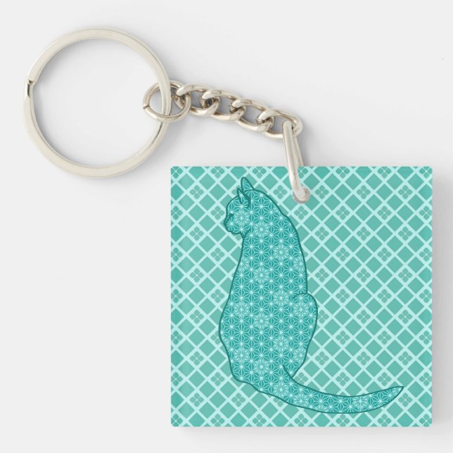 Japanese Cat - Turquoise Kimono Print Keychain (Front)