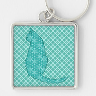 Japanese Cat - Turquoise Kimono Print Keychain