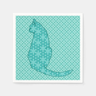 Japanese Cat - Turquoise Kimono Print Paper Napkins