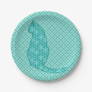 Japanese Cat - Turquoise Kimono Print Paper Plates