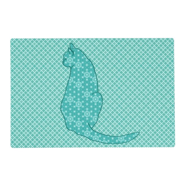 Japanese Cat - Turquoise Kimono Print Placemat (Front)