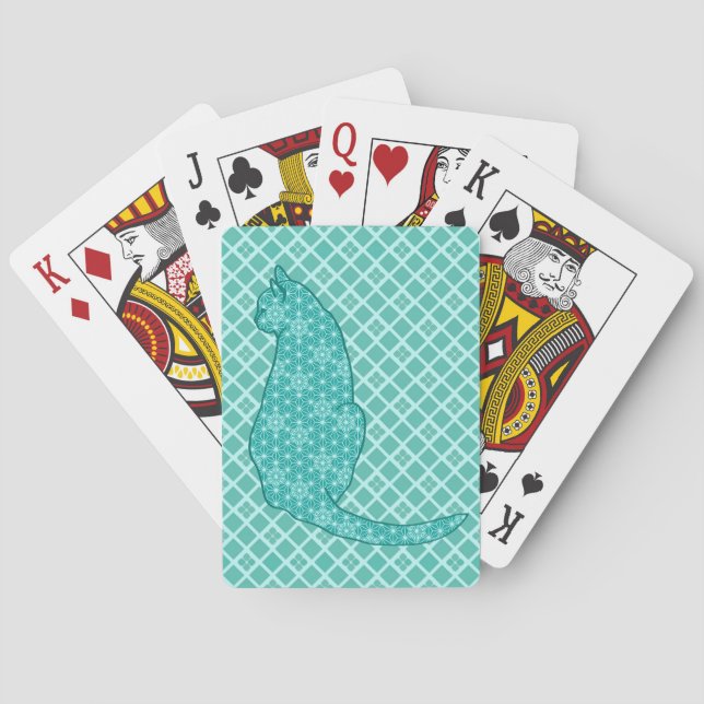 Japanese Cat - Turquoise Kimono Print  Poker Cards (Back)