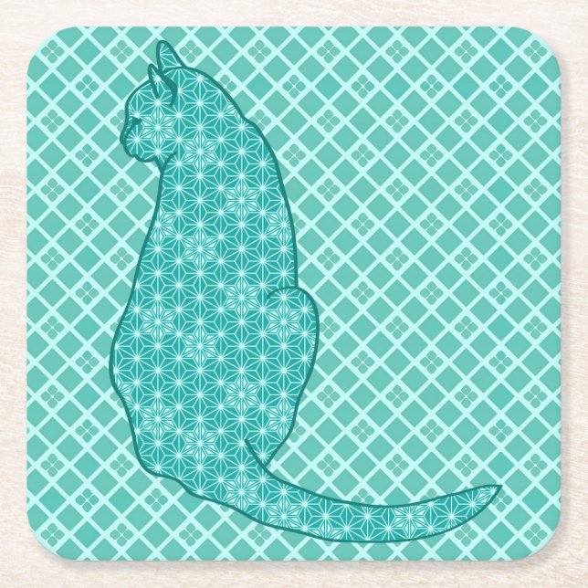 Japanese Cat - Turquoise Kimono Print Square Paper Coaster (Front)