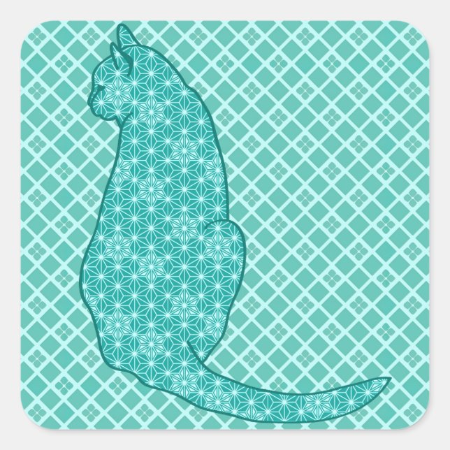 Japanese Cat - Turquoise Kimono Print Square Sticker (Front)
