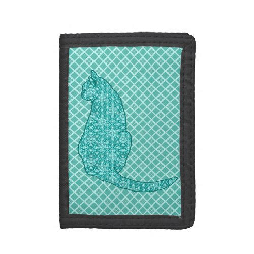 Japanese Cat _ Turquoise Kimono Print Trifold Wallet