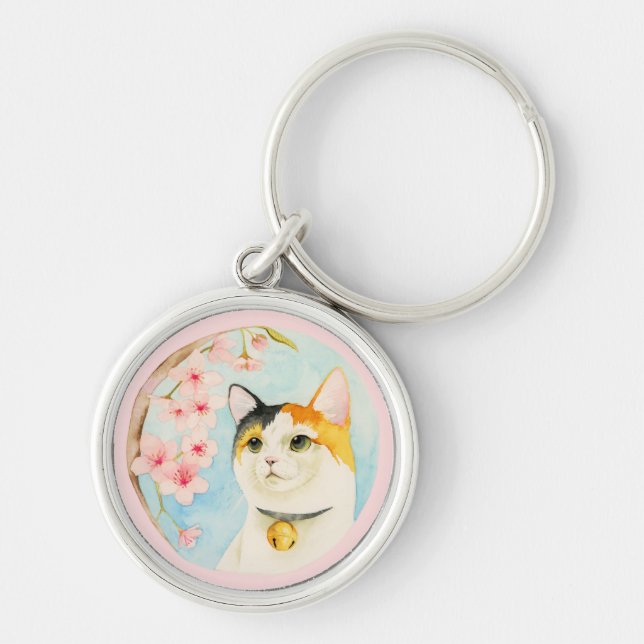 Japanese Cat Watercolor Art Keychain (Front)