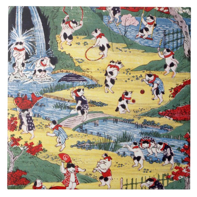 Japanese Cats Country, Utagawa Kunitoshi Ceramic Tile (Front)