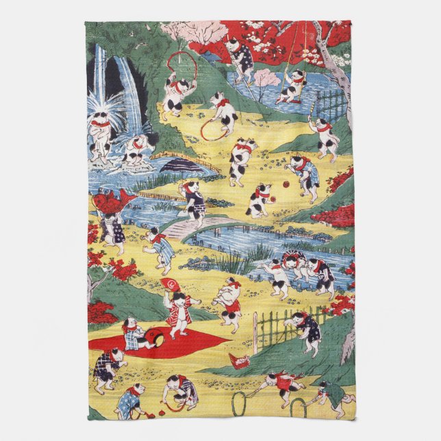 Japanese Cats Country, Utagawa Kunitoshi Kitchen Towel (Vertical)