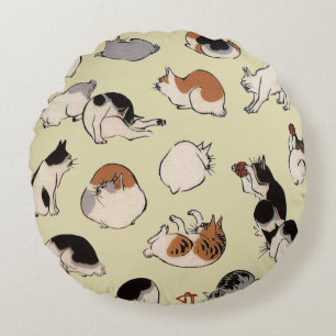 Japanese Cats (Customizable Background Color) Round Pillow