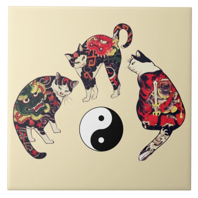 JAPANESE CATS ,DRAGON RED DEVIL TATTOOS,YIN YANG  CERAMIC TILE (Front)