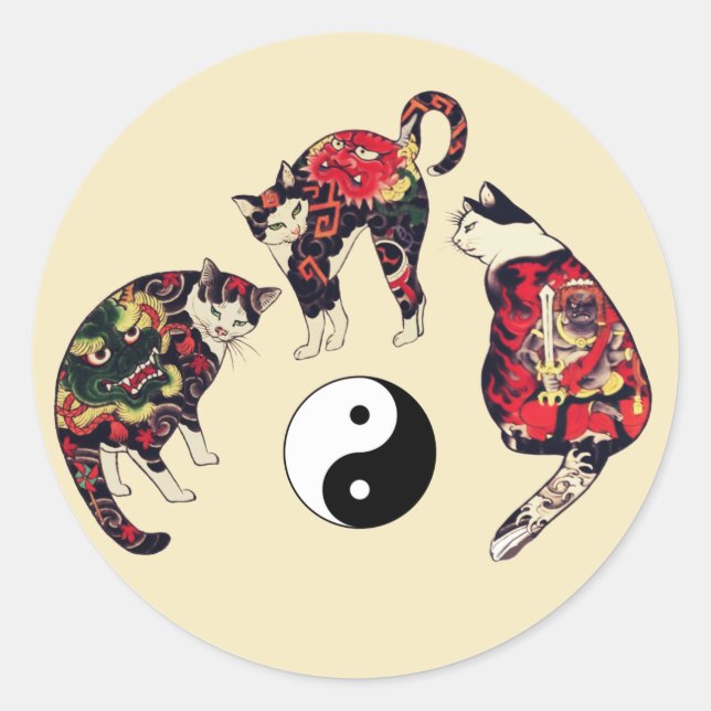 JAPANESE CATS ,DRAGON RED DEVIL TATTOOS,YIN YANG  CLASSIC ROUND STICKER (Front)