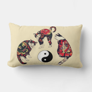 JAPANESE CATS ,DRAGON RED DEVIL TATTOOS,YIN YANG LUMBAR PILLOW