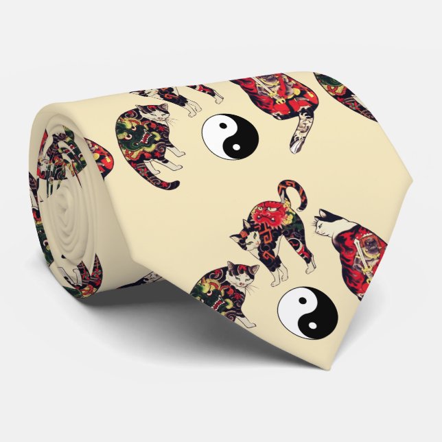 JAPANESE CATS ,DRAGON RED DEVIL TATTOOS,YIN YANG NECK TIE (Rolled)
