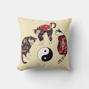 JAPANESE CATS ,DRAGON RED DEVIL TATTOOS,YIN YANG THROW PILLOW