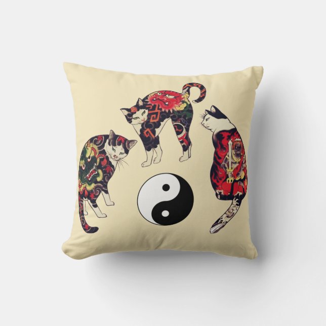 JAPANESE CATS ,DRAGON RED DEVIL TATTOOS,YIN YANG  THROW PILLOW (Front)