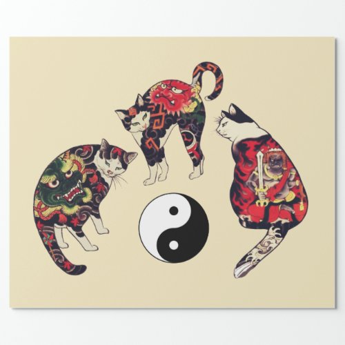 JAPANESE CATS DRAGON RED DEVIL TATTOOSYIN YANG  WRAPPING PAPER