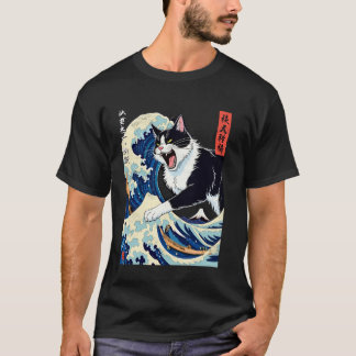 Japanese Cats Kawaii Japan Cat & Kanagawa Wave Fun T-Shirt