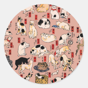 Japanese Cats Ukiyo-e Art Funny Classic Round Sticker