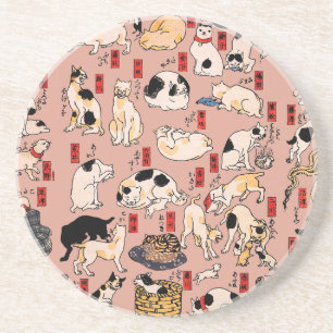 Japanese Cats Ukiyo-e Art Funny Coaster