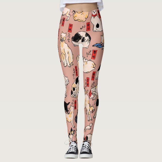 japanese cats Ukiyo-e Funny kitty Leggings (Front)