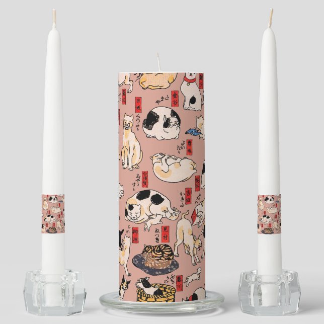 japanese cats Ukiyo-e Funny kitty Unity Candle Set (Front)