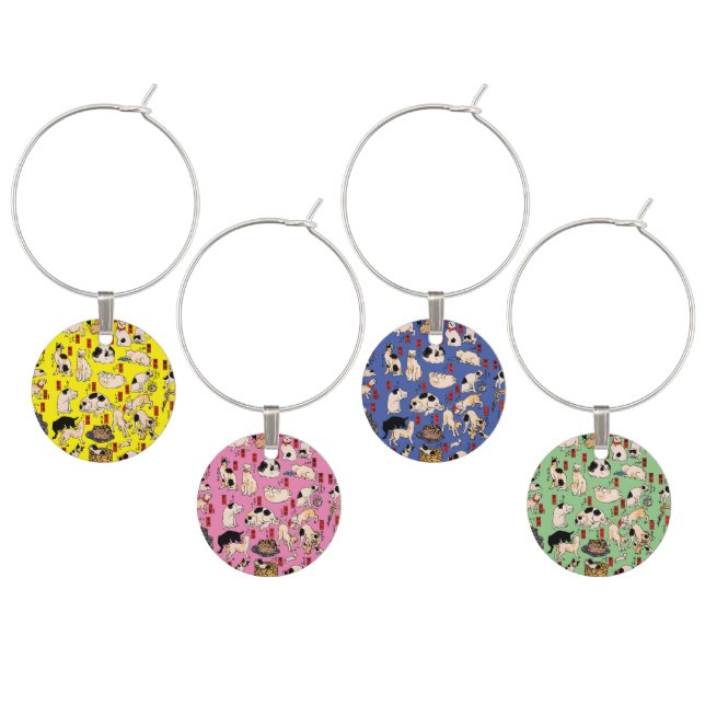 japanese cats Ukiyo-e Funny kitty Wine Charm (Staggered)