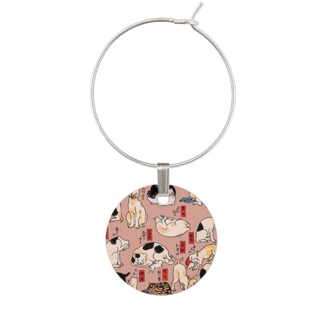 japanese cats Ukiyo-e Funny kitty Wine Charm (Front)