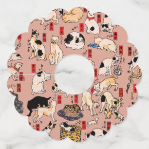 japanese cats Ukiyo-e Funny kitty Wine Glass Tag