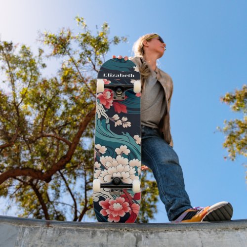 Japanese Cherry Blossom Art Custom Name Skateboard
