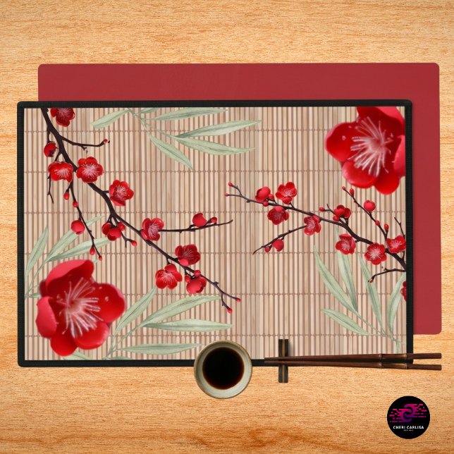 Japanese Cherry Blossom Bamboo Pattern Placemat (Cherry blossoms and bamboo lines deliver bold contrast on this placemat.)