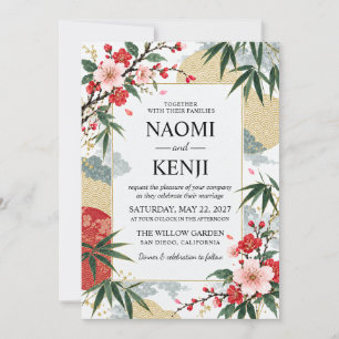 Japanese Cherry Blossom Bamboo Vintage Wedding Invitation