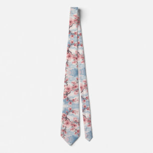 Japanese Cherry Blossom Blush Pink Blue Neck Tie