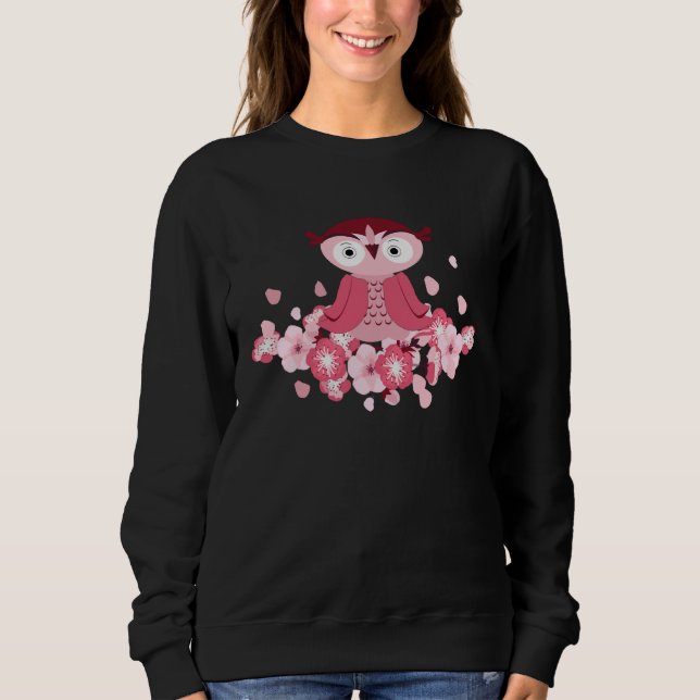 Japanese Cherry Blossom Cute Owl Sweatshirt (Front)