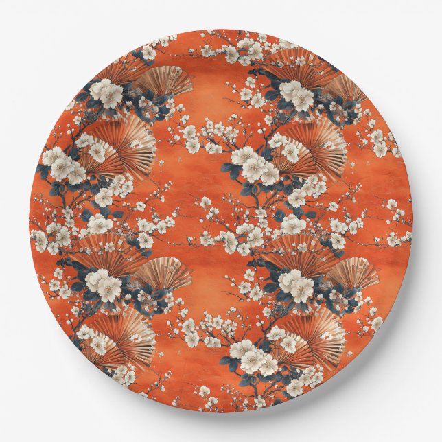 Japanese Cherry Blossom Fan Pattern (1) Paper Plates (Front)