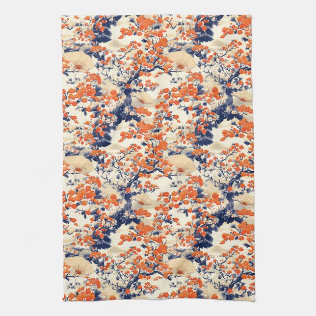 Japanese Cherry Blossom Fan Pattern (2) Kitchen Towel (Vertical)