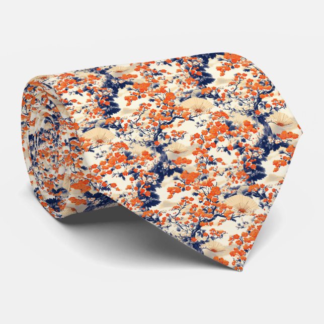 Japanese Cherry Blossom Fan Pattern (2) Neck Tie (Rolled)