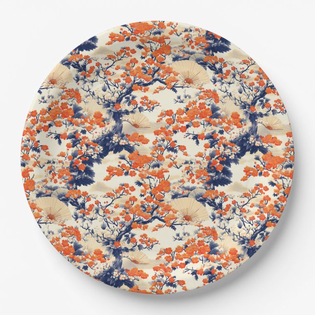Japanese Cherry Blossom Fan Pattern (2) Paper Plates (Front)