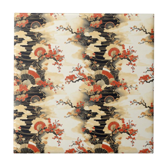 Japanese Cherry Blossom Fan Pattern (3) Ceramic Tile (Front)